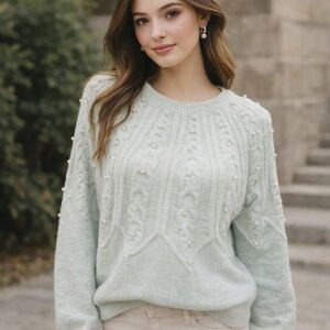 CALLIGRAPHIE Soft Cable Knit Sweater With Pearl Embellishments | Mint Green | M